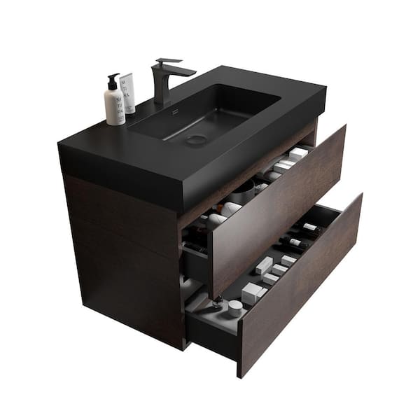 Dimakai 36 in. Single Sink Wall Mounted Rose Wood Bath Vanity with Black Solid Surface Top Unassembled without Drain and Faucet