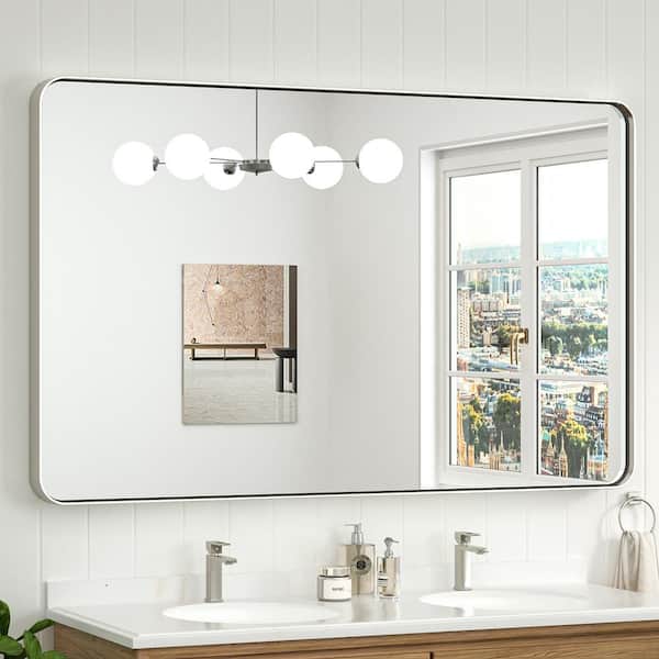 KeonJinn 48 in. W x 30 in. H Modern Rectangular Silver Gray Aluminum Framed Wall Bathroom Vanity Mirror