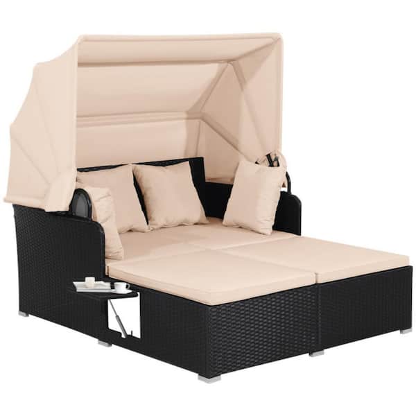 Wicker Outdoor Day Bed with Canopy and Side Tables Beige Cushions