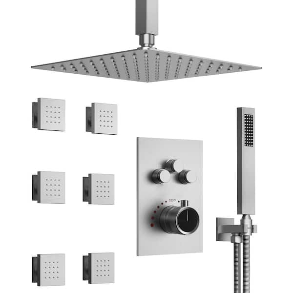 GRANDJOY Multiple Press 7-Spray Ceiling Mount 12 in. Fixed and Handheld Shower Head 2.5 GPM in Brushed Nickel