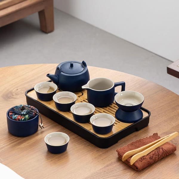 JFVKAF 14-Piece Ceramic Travel Tea Set with Bamboo Tray and
