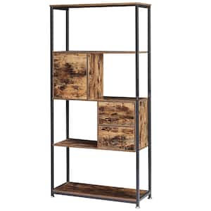 12 in. Wide Bookcase with Drawer/Storage Cabinet/Door, 5 Tier Industrial Wood Bookshelf Display Shelf Organizer, Brown