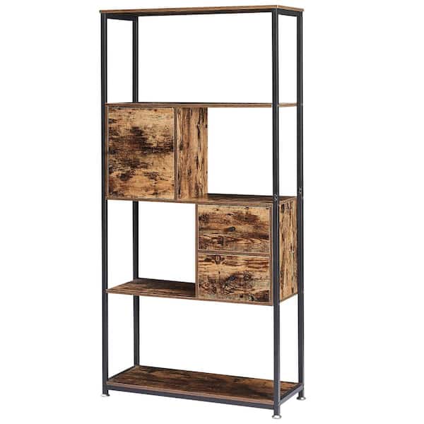 VECELO 12 in. Wide Bookcase with Drawer/Storage Cabinet/Door, 5 Tier Industrial Wood Bookshelf Display Shelf Organizer, Brown