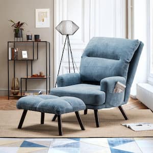Magic Blue Linen Recliner Accent Chair and Ottoman Set with Side Bags