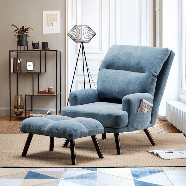 Allwex Magic Blue Linen Recliner Accent Chair and Ottoman Set with Side Bags
