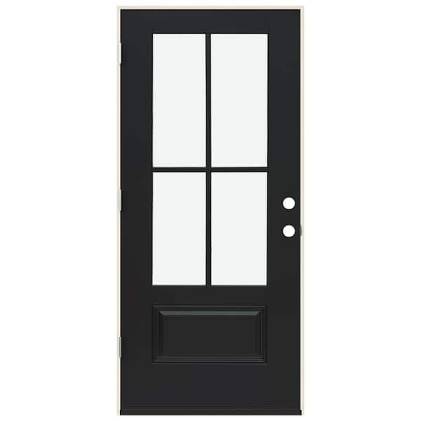JELD-WEN 36 in. x 80 in. Left-Hand 4 Lite Clear Glass Black Painted Fiberglass Prehung Front Door with Brickmould