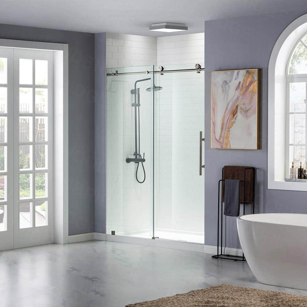 76” H Frameless Sliding Shower Door (56-60 Inch Adjustable Width) with Reversible Installation, Safety Glass, Anti-Splash Design