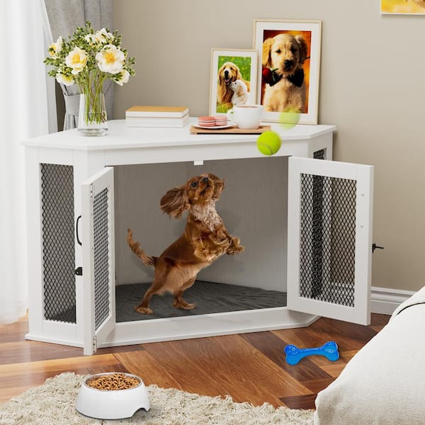 FUFU&GAGA White Medium Small Dog Kennel Indoor Use, Furniture Corner Dog Crate with Cushion, Pet Corner Crate for Limited Room