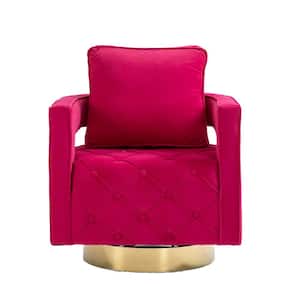 Modern Rose Red Velvet Swivel Upholstered Barrel Chair with Golden Base