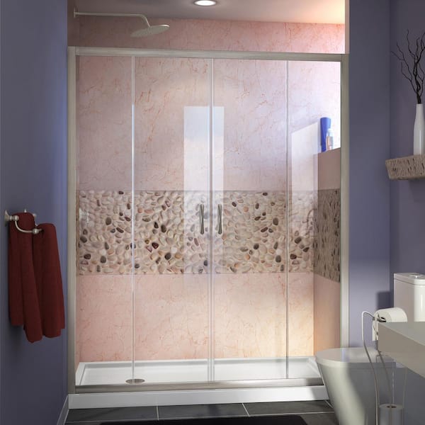 DreamLine Visions 60 in. W x 32 in. D x 74-3/4 in. H Semi-Frameless Shower Door in Brushed Nickel with White Base Left Drain