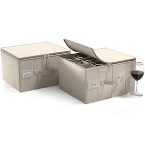 Beige Freestanding Stemware Organizer with Handles 2 Pack, Hard Shell Wine Glass Case with Dividers and Handle Holds 24