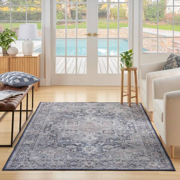 Unbranded - Machine Washable Series 1 Ivory Navy 6 ft. x 9 ft. Distressed Traditional Area Rug