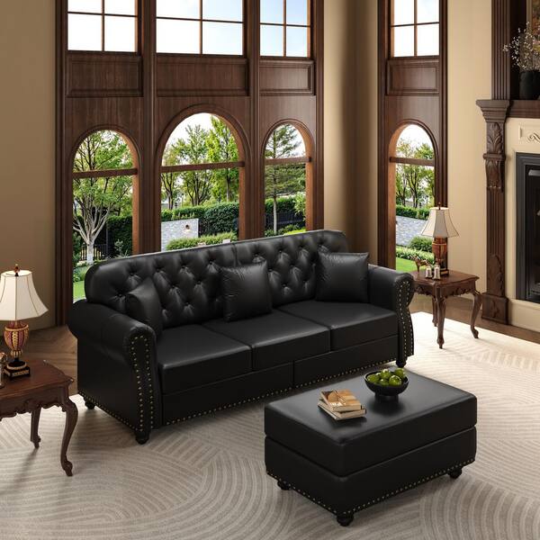 Polibi 82.6 in. Rolled Arm Faux Leather Sofa in Black with