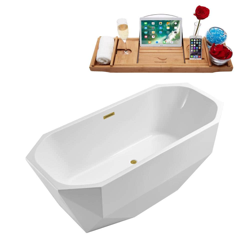 63" Glossy White Acrylic Freestanding Soaking Tub with Gold Trim