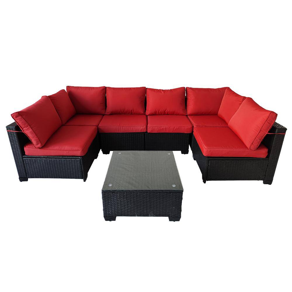 Black Frame 7-Piece Wicker Outdoor Sofa Sectional Set with Red Cushions