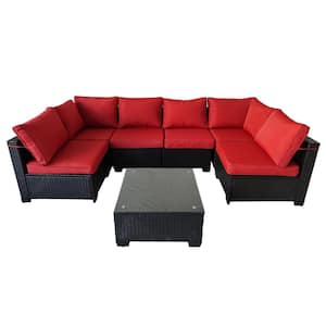 Black Frame 7-Piece Wicker Outdoor Sofa Sectional Set with Red Cushions