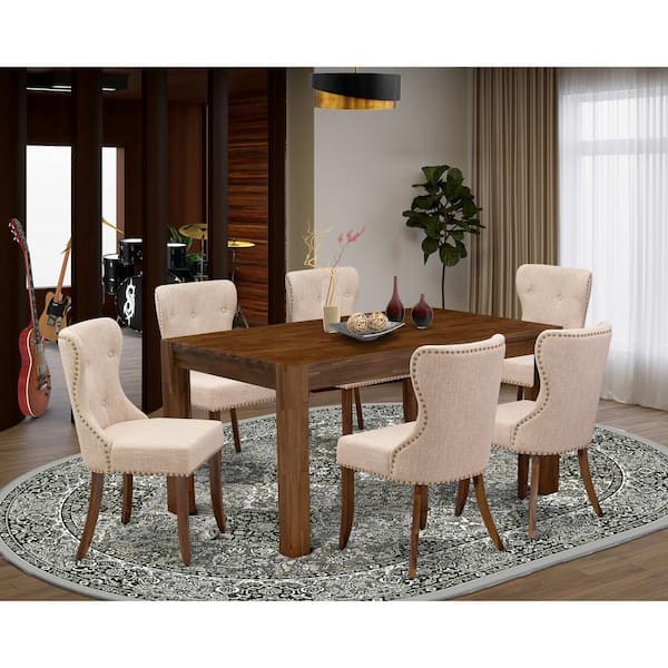 East West Furniture 7-Piece Rectangle Natural Oak Finish Solid Wood Top Dining Table with 6 Parson Chairs with Lattice Back