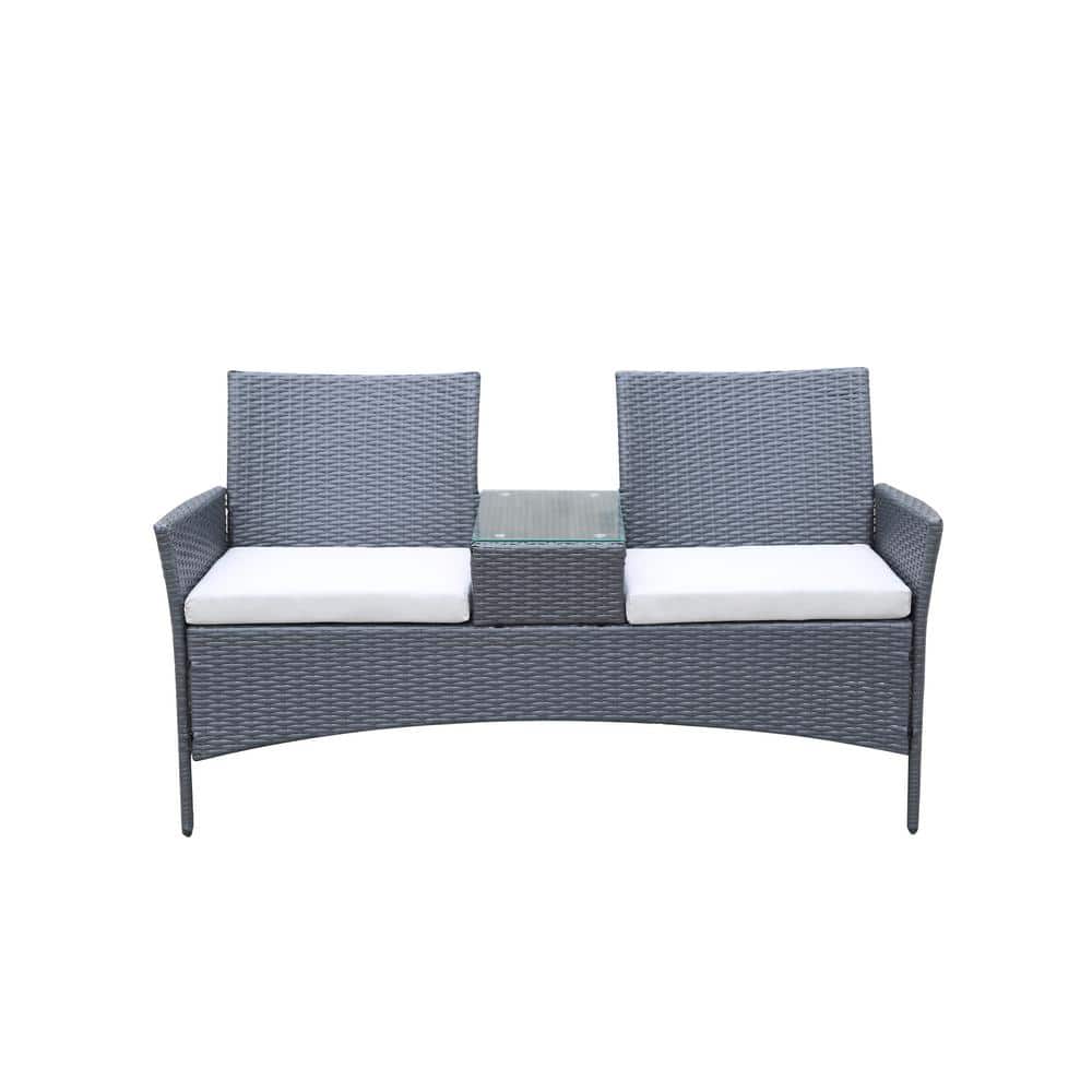 1-Piece Wicker Outdoor Loveseat Sofa Set with Blue Cushions