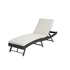 Black Wicker Adjustable Back Outdoor Chaise Lounge with Beige Cushion Folding Table