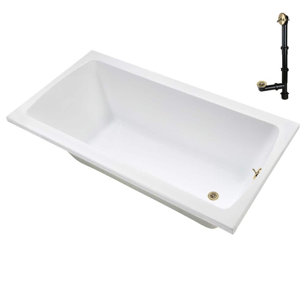 66" x 34" Glossy White Acrylic Soaking Drop-In Bathtub with Polished Brass Drain