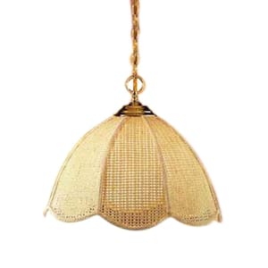 1-Light Polished Brass Basket Pendant Light with Rattan Shade