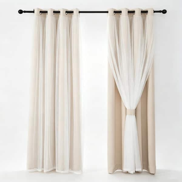 52×84in Beige Blackout Curtains with Sheer Overlay, 2 Pack Thermal Soundproof Drapes