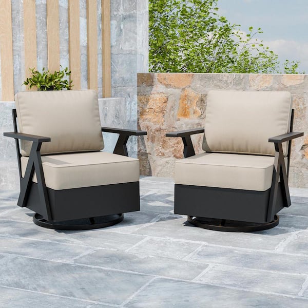 Modern Black Rust-Resistant Metal Frame Swivel Outdoor Rocking Chair with Beige Cushions (Set of 2)