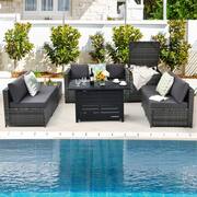 9-Pieces Rattan Dinning Set Wicker Patio Conversation Set w/60000 BTU Propane Fire Pit and Grey Cushions