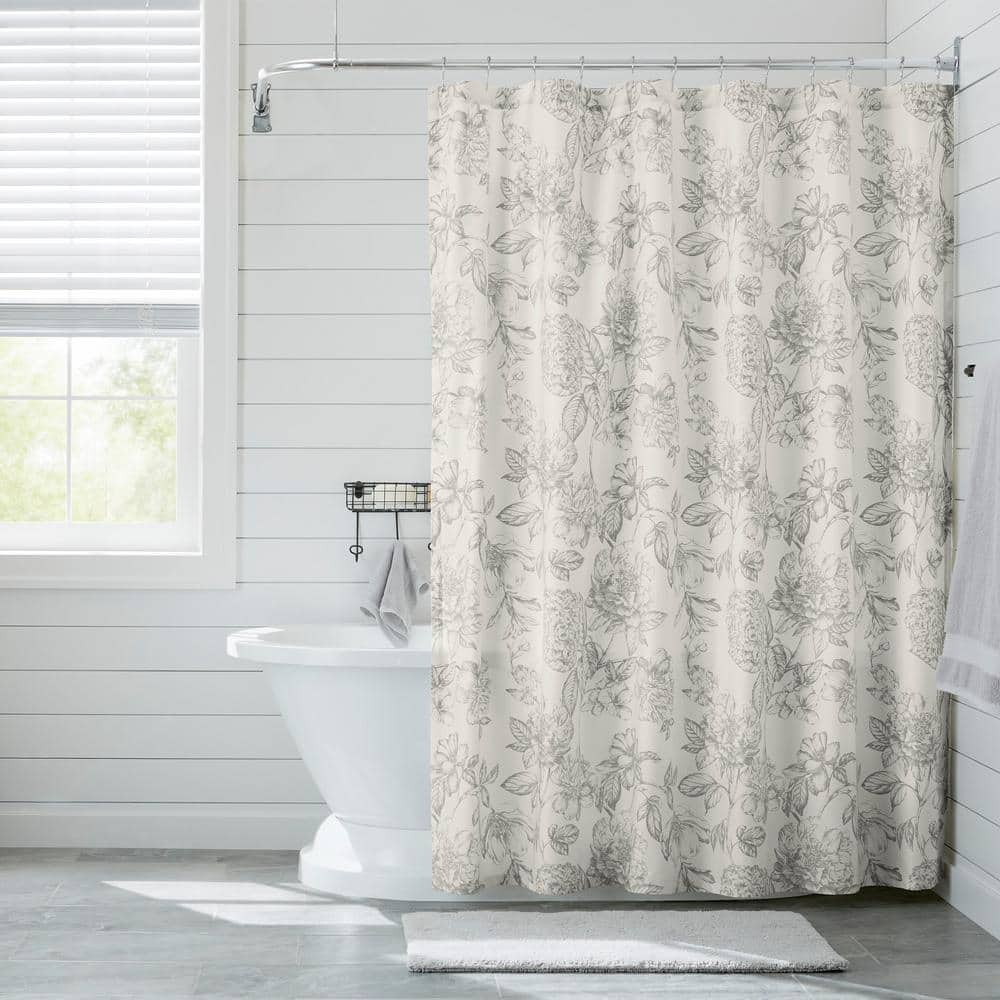 Dark Grey Shower Curtain Black Damask Floral Print for Bathroom
