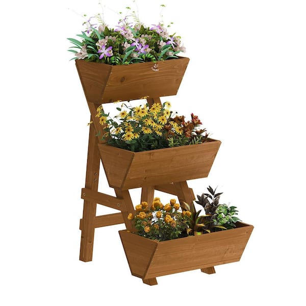 3-Tiers Wooden Raised Garden Bed, Wood Planter Box for Indoor and Outdoor, Brown