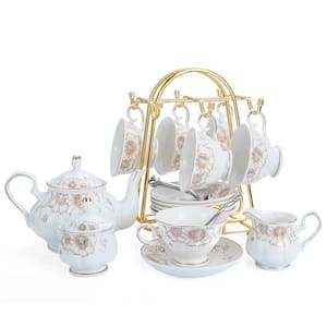 22-Piece 6-Cup White Porcelain Ceramic Tea Pot Set with Cup, Sugar Bowl, Cream Pitcher, Saucers, Teaspoons and Trainer