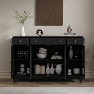 Black Minimalist Retro Style Wood Accent Storage Cabinet with 3-Drawer, Glass Doors and Adjustable Shelves