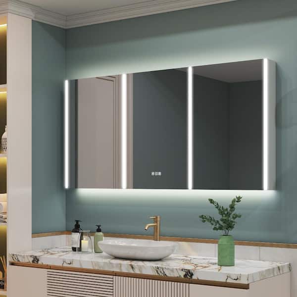 Eoviamne 60 in. W x 30 in. H Rectangular Aluminum LED Dimmable Medicine Cabinet with Mirror, with Motion Sensor, USB and Outlet