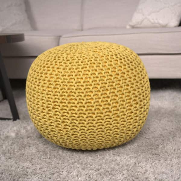 Benno Yellow Knitted Cotton Round Pouf Ottoman