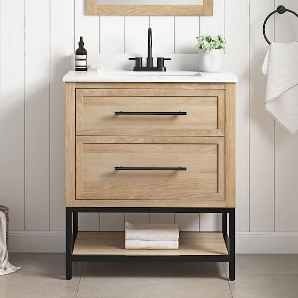 Corley 30 in. Single Sink Weathered Tan Bath Vanity with White Engineered Stone Top (Assembled)