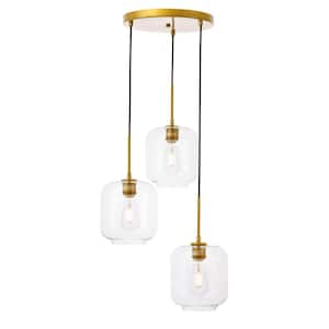 Timeless Home 17.5 in. 3-Light Brass and Clear Glass Pendant Light, Bulbs Not Included