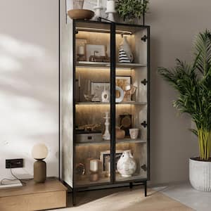 Gray 59.3 in. H Wood Accent Storage Cabinet With 2-Glass Doors, Pop-Up Design, LED Lights