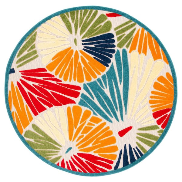 Cabana Ivory/Blue 7 ft. x 7 ft. Abstract Floral Indoor/Outdoor Patio  Round Area Rug
