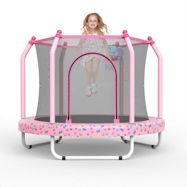 Kelmor 55 in. Outdoor Recreational Trampoline for Kids with Enclosure Net and Basketball Hoop, Pink Cartoon Pattern