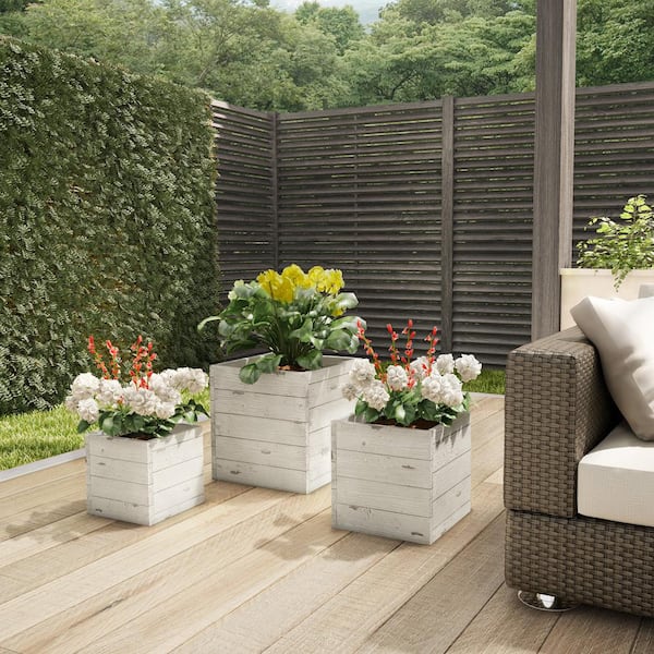 Pure Garden Wood-Look Planter Set of 3 - 15.3 in. , 12.1 in. and 9.6 in. Square Large Rustic Outdoor Planters, White