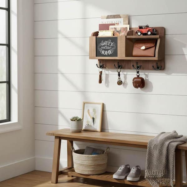 16 in. W x 3.2 in. D Brown Wood Decorative Wall Shelf Mail