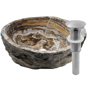 Natural Stone Multi-Color Travertine Onyx Irregular Vessel Sink with Umbrella Dain in Brushed Nickel