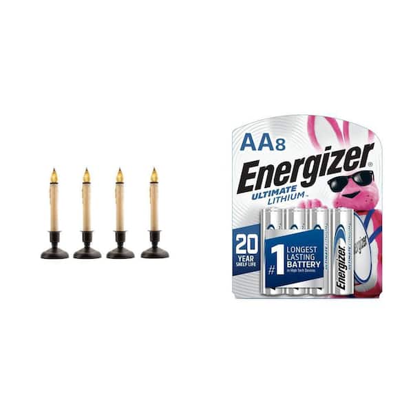 9 in. LED Christmas Candles with Bronze Base and Timer (Set of 4) and Ultimate Lithium AA Batteries (8-Pack)
