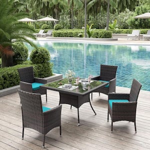 5-Piece Wicker Square Patio Outdoor Dining Set with Glass Tabletop and 1.5 in. Umbrella Hole, Blue Cushion
