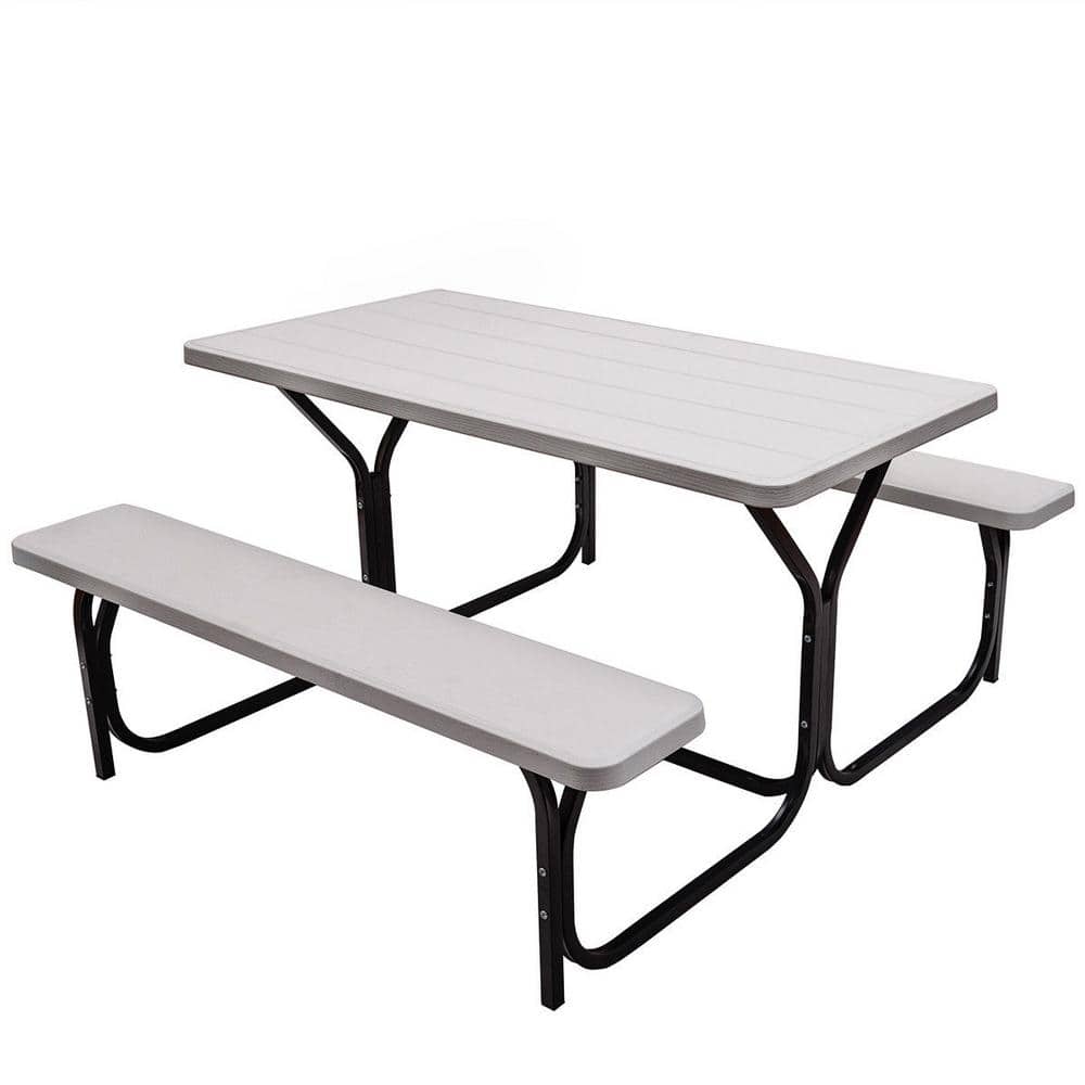 White Rectangular Plastic Outdoor Picnic Table with 2 Bench