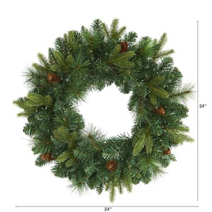 24 in. Pre-Lit Mixed Pine Artificial Christmas Wreath with 35 Clear LED Lights and Pinecones