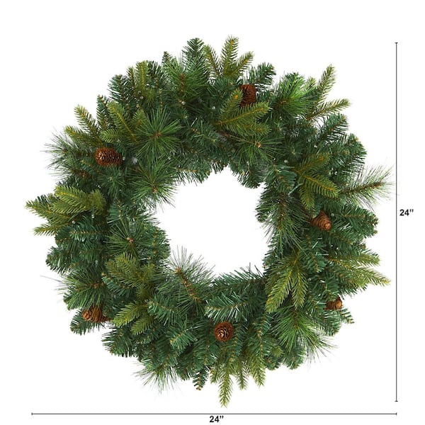 24 in. Pre-Lit Mixed Pine Artificial Christmas Wreath with 35 Clear LED Lights and Pinecones