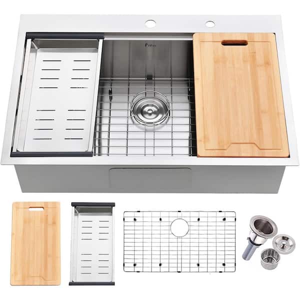 33 in. Drop-in Single Bowl 18G Brushed Nickel Stainless Steel Kitchen Sink with Grid, Drainer,Cutting Board and Strainer