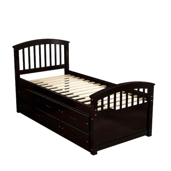 wetiny Espresso Wood Frame Twin Platform Bed with Storage
