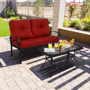 2-Pieces Metal Outdoor Loveseat Bench Table Furniture Set with Red Cushions